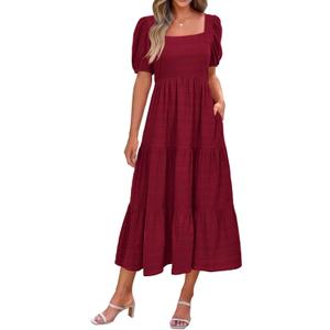 PRETTYGARDEN Women's Summer Dresses 2026 Puff Sleeve Square Neck High Waist Smocked A-Line Flowy Loose Fit Midi Dress (Red) XL