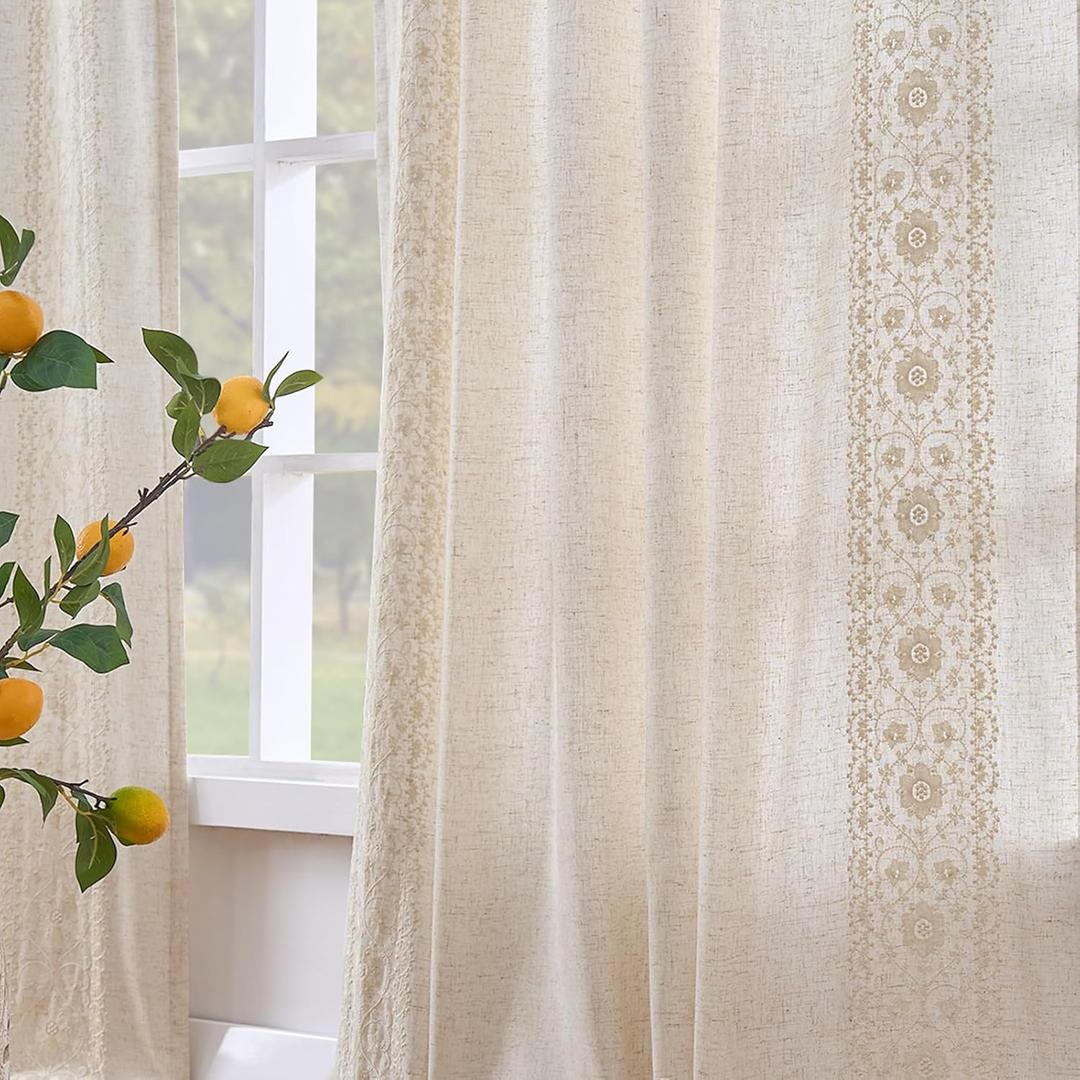 jinchan Weslie Boho Lined Linen Curtains for Bedroom Ivory Vintage Floral Farmhouse Curtains 63 Inch Length Linen Drapes for Living Room Embroidered Drapes Rod Pocket Ivory on Beige 2 Panels