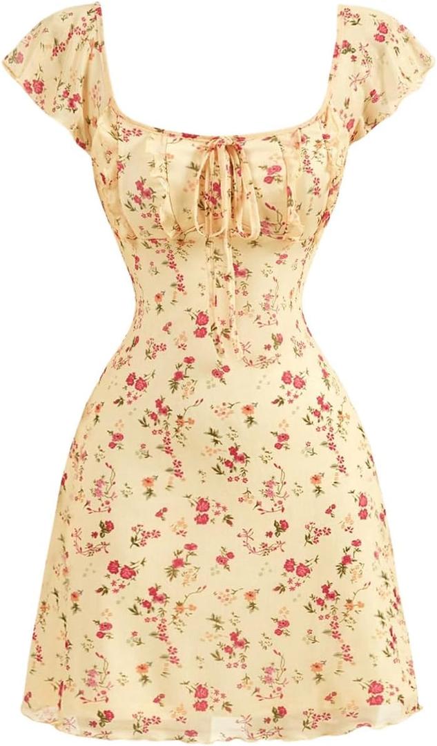 Women's Vintage Tie Front Floral Dress Cap Sleeve Summer Beach Short Dresses (Yellow) Medium