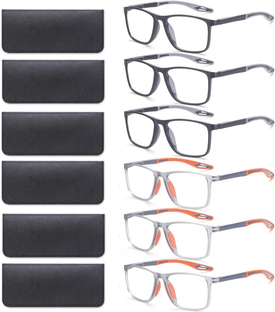 BLOEXCLU 6 Pack Reading Glasses for Men Sports Style Blue Light Blocking Readers with Spring Hinge Women Eyeglasses (3 Black & 3 Grey, 1.5, x)