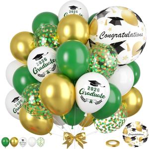 50pcs Green Gold Graduation Balloons, White Metallic Golden Balloon with 2026 Printed Foil Balloons, Green Gold Confetti Balloon for Class of 2026 Graduation Decorations Celebration Party