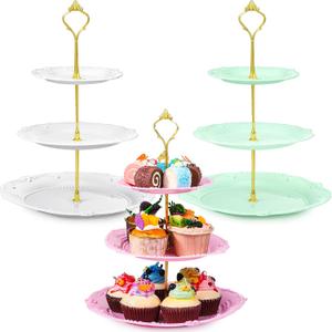 3 Sets Tea Party Decorations of 3 Tier Wedding Plastic Cupcake Stand Dessert Plates Cake Fruit Candy Display Tower for Wedding Birthday Baby Shower Tea Party Decorations(Round)