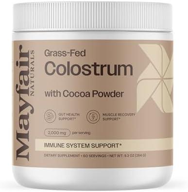 Mayfair Naturals Grass-Fed Bovine Colostrum Supplement with Cocoa Powder, for Kids & Adults, Immune System Support, Gut Health and Muscle Recovery, 60 Servings