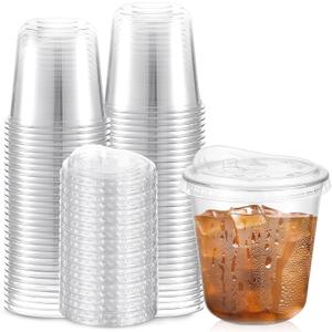 50 Sets Clear Plastic Cups with Strawless Sip Lids, Thickened Clear Disposable Plastic PET Crystal Cups for Iced Coffee, Smoothie, Cold Beverage, Drink Shops and Party Catering (10 oz)