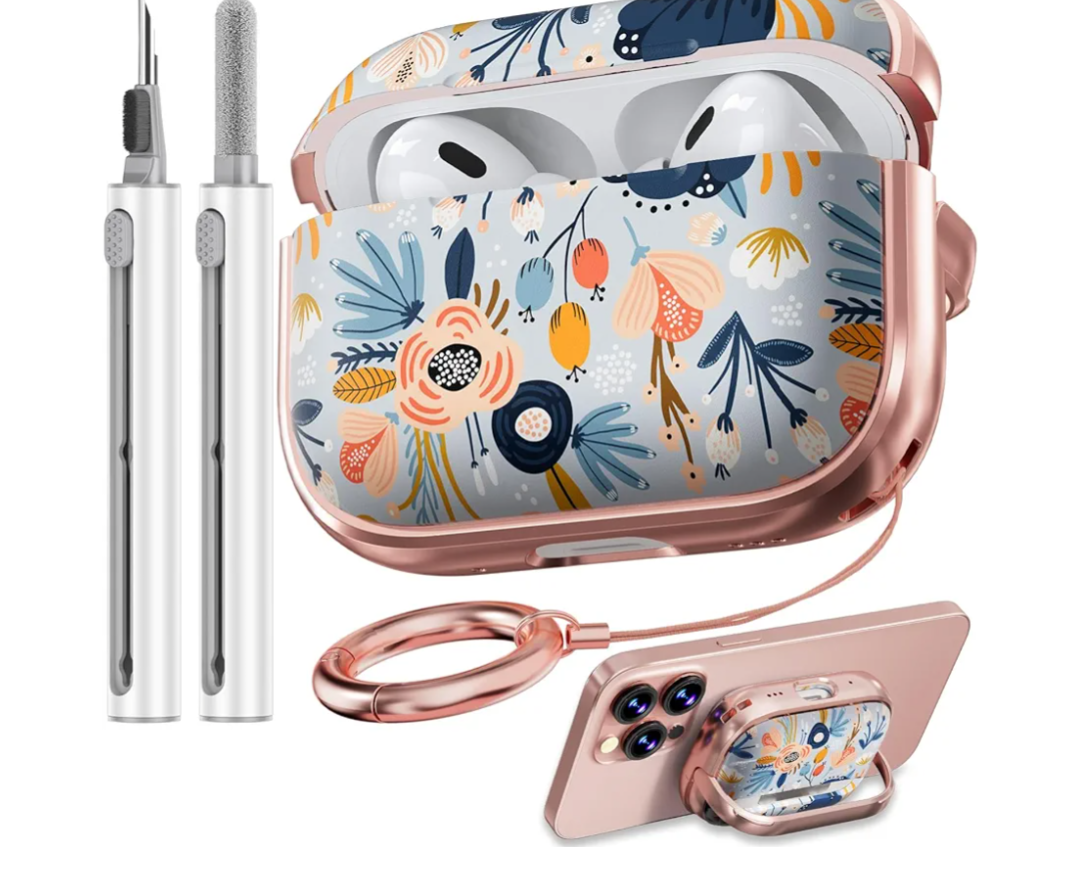 Inesore for AirPods Pro 2nd Generation Case Cover with Lock, Flowers Cute Air Pods Pro 2 Case Hard iPod Pro Cases for Women Girls with Cleaner Kit (2023 USB-C /2022/2019) -Blue Flower