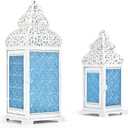 CVHOMEDECO. Decorative Candle Lantern Moroccan Lanterns Rustic White Metal Lantern Holder for Home Patio Outdoor Decor. Blue Glass, Set of 2