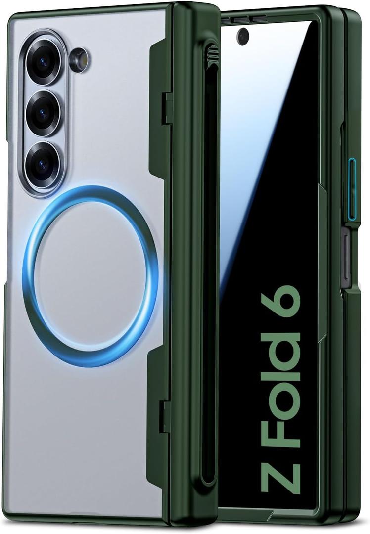 Spugan for Samsung Galaxy Z Fold 6 Case with MagSafe, [Screen Protection] [Hinge Protection] Translucent Strong Magnetic Shockproof Case for Galaxy Z Fold 6 with S Pen Holder (Privacy-Green)