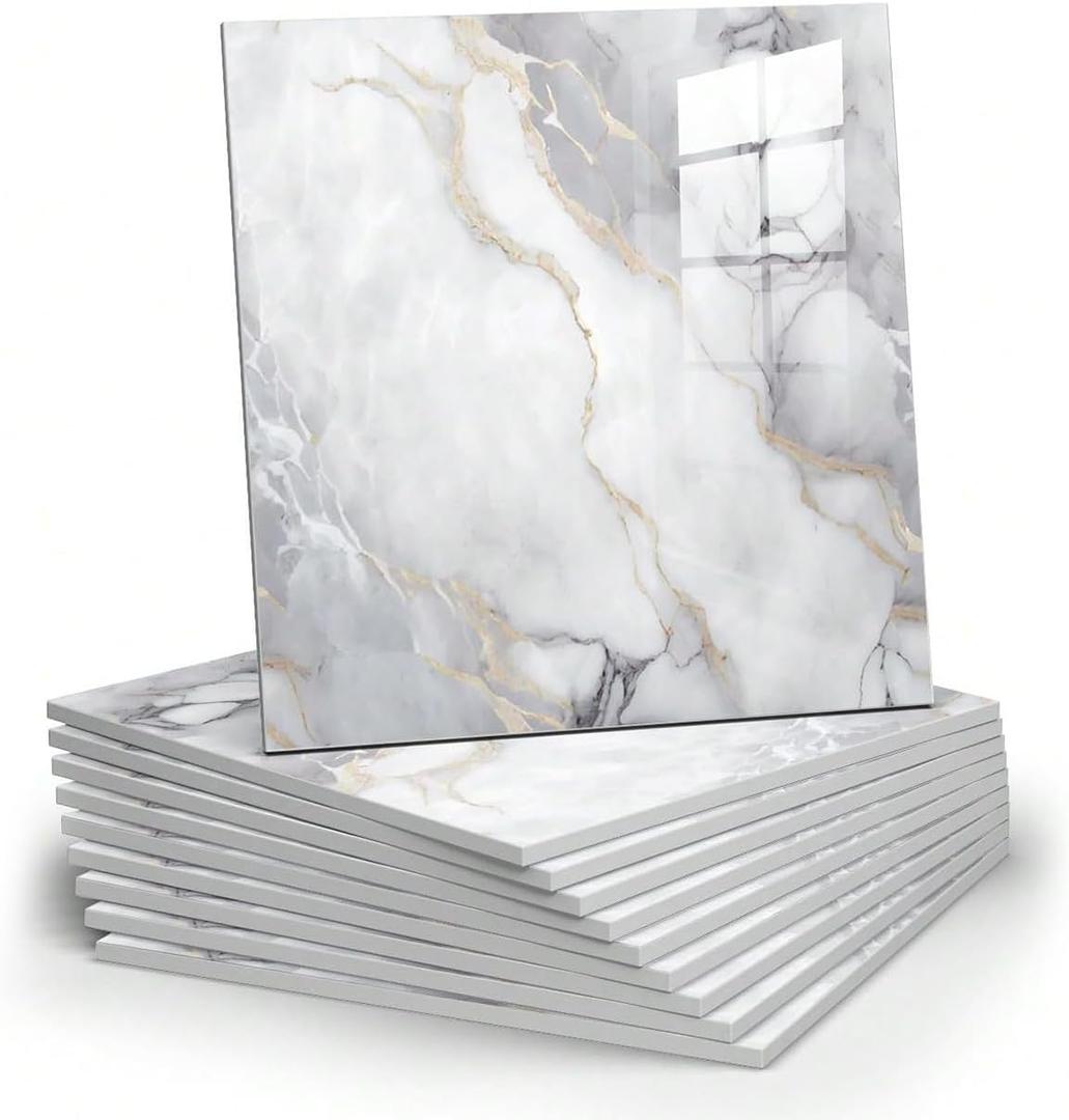 10pcs Marble Peel and Stick Backsplash Waterproof Washroom Wall Panels, Peel and Stick Tile, PVC Foam Wall Panels for Kitchen,Bathroom,Living Room,Colorful (Not Real Tile,11.8" x 11.8")