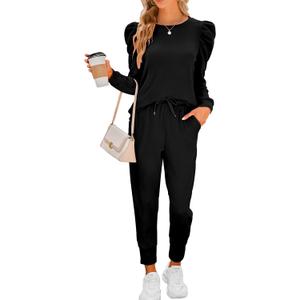 Onedreamer Sweatsuits for Women 2 Piece Outfits Puff Long Sleeve Crewneck Pullover Sweatshirt Jogger Lounge Sets (Medium, Black)