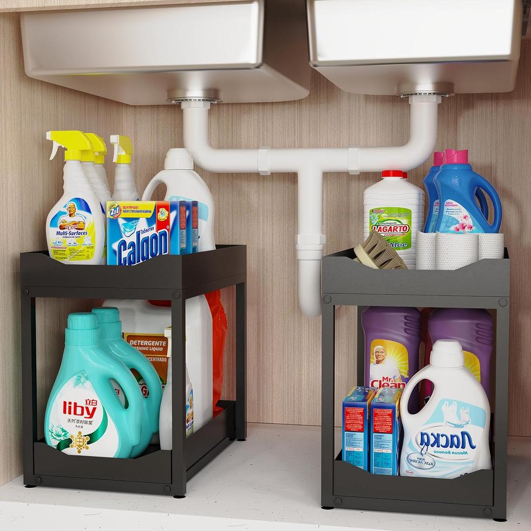 2-Tier Bathroom Organizers and Storage, Metal Under Sink Organizers,Pull Out Cabinet Organizer Shelf, Sliding Drawer for Kitchen Pantry Cabinet Closet Organization Rack (Black, 2 Pack)