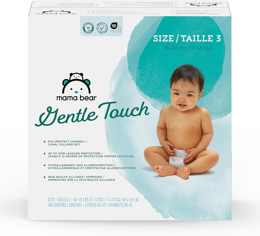 Amazon Brand - Mama Bear Gentle Touch Baby Diapers, Size 3, 168 Count (4 packs of 42), Leakproof, Keeps Baby Dry, Skin Safe, Formulated without Fragrance with Wetness Indicator
