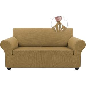 Asnomy Sofa Covers for 2 Cushion Couch Stretch loveseat Covers Slipcovers, Pet Protector Furniture Covers for Dogs Cats Spandex Jacquard Fabric Small Checks (Medium, Light Brown）