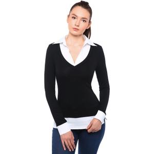 AmlieBoutik Women Faux Shirt 2 in 1 Style Long Sleeve Pullover Blouse Top (Large, Black)