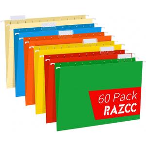 Hanging File Folders, RAZCC 60 Pack Reinforced Hanging Folders Letter Size, Designed for Bulky Files, Filing Cabinet, Adjustable Tabs, Assorted Colors (No expansion)