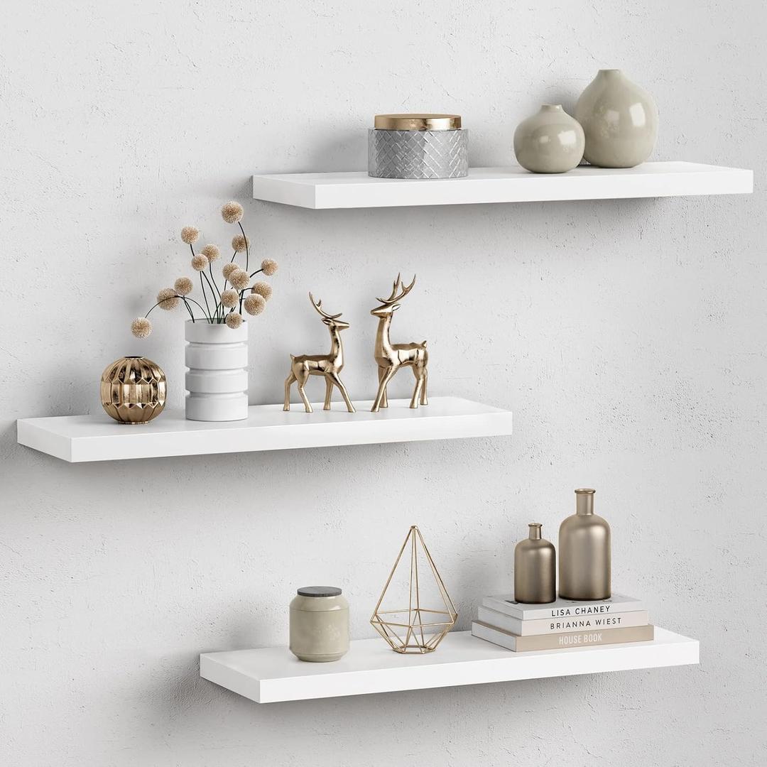 Forbena 24 Inch Floating Shelves for Wall Decor, White Wall Book Shelves for Bedroom, Large Long Deep Hanging Shelves for Bathroom Office Laundry Living Room Kitchen Closet Storage - Set of 3