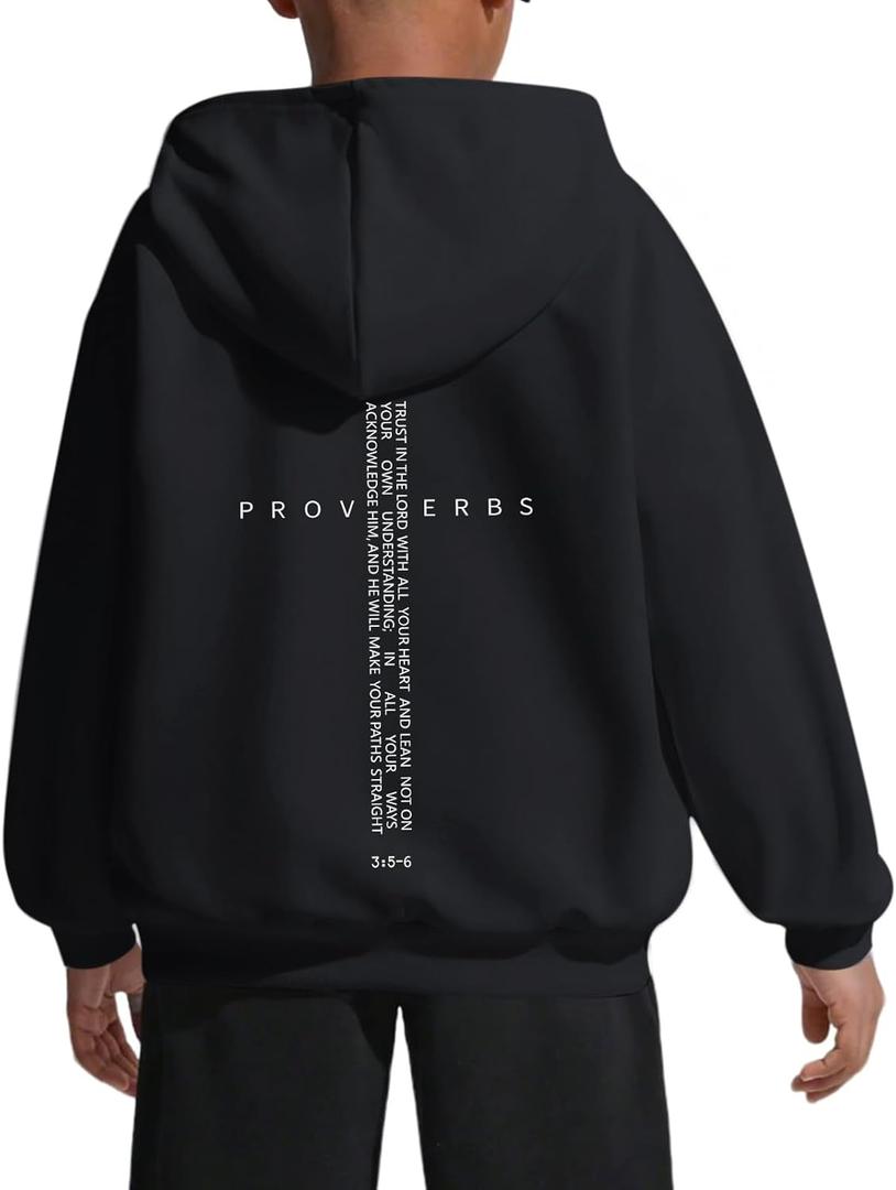 Christian Hoodies for Kids Boys Religious Jesus Hoodie Faith Cross Sweatshirts Vintage Bible Verse Graphic Pullovers (11-12 Years, Black)