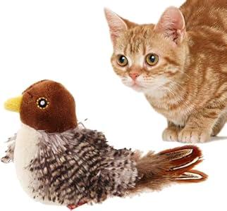 Simulated Chirping Bird Cat Toy, Flying Interactive Flapping Chirping Bird Cat Toy, Cat Bird Toy with Feather Tail, for Bored Indoor Cats (Sparrow)