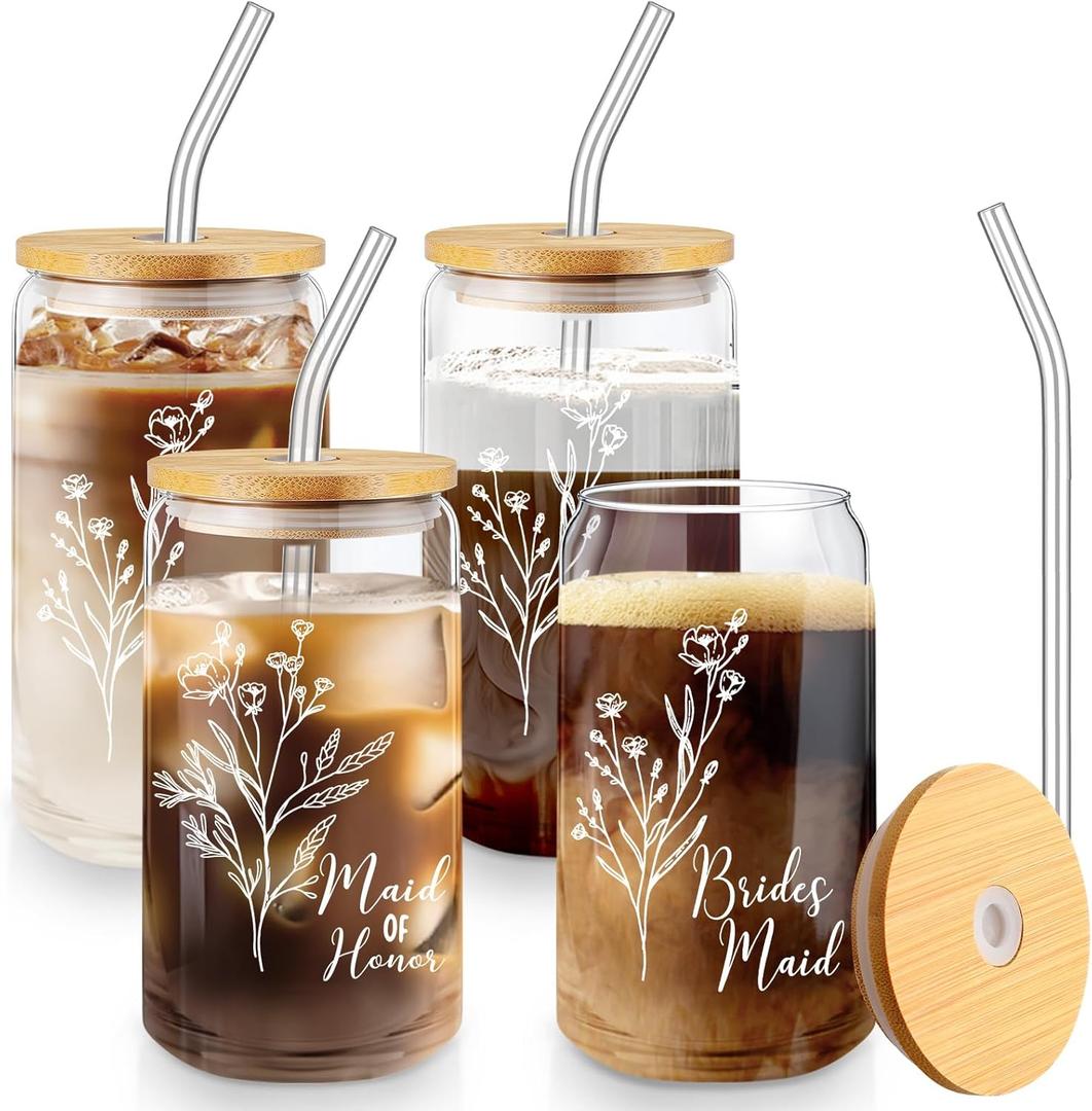 Layhit 4 Pcs Bridesmaid Gifts Bridesmaid Proposal Gifts 16 Oz Cute Can Shaped Drinking Glasses with Bamboo Lids and Glass Straw Iced Coffee Cup Mason Jar Cups for Engagement Wedding Bridal