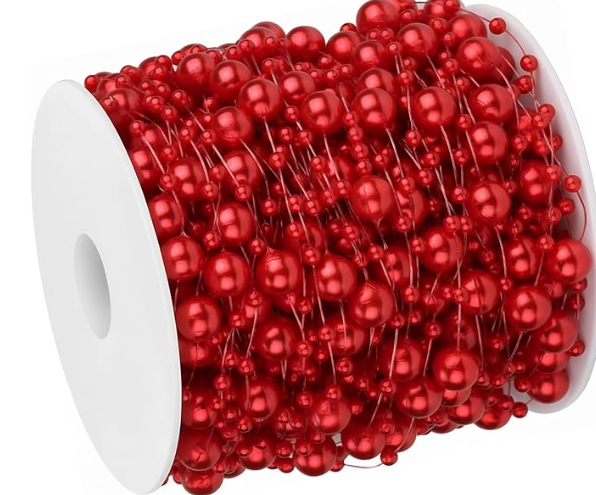 99feet Artificial Pearl Beads Garland for Christmas Tree Plastic Beaded String Strands Chain Ornament for Wedding Halloween Party Decoration Bridal Bouquet Craft Flower DIY Supplies (Red)