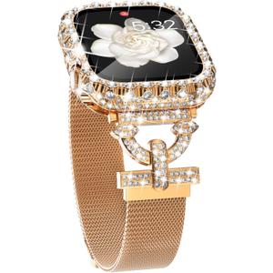 NewWays Sparkle You Days, Shine Every Moments Compatible with Apple Watch Band with Bling Case 40mm 41mm 44mm 45mm for Women, Jewelry Look Mesh Loop Magnetic Strap Protective Case for iWatch Women