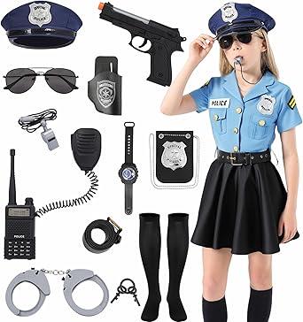 Miulruma Cop Costume for Kids Girls Police Officer Costume Dress with Hat Toddler Halloween Costume Outfit Set with Stuff Toy Accessories Badge Handcuffs  XXL/（13-14 Years）