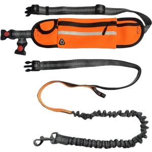 FJ Four Joys Hands Free Dog Leash with Zipper Pouch, Waist Leash for Dog Walking with Shock Absorbing Bungee for Walking, Jogging and Running (Orange)