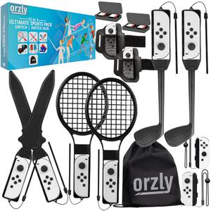 Switch Sports Games 2024 Accessories Bundle Pack for Nintendo Switch & OLED with Tennis Rackets, Golf Clubs, Chambara Swords, Soccer Leg Straps & Joycon Grips - With Carry Bag - SOLID BLACK