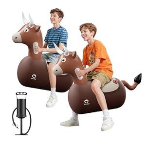 QPAU Inflatable Reindeer Hopper Bouncy Toy 2PCS with Fabric Cover & Pump, Ride On Toys for Kids 5+ & Adults, Christmas Reindeer Inflatable Animal Bouncer, Outdoor Play (Bull, 2 Pack)