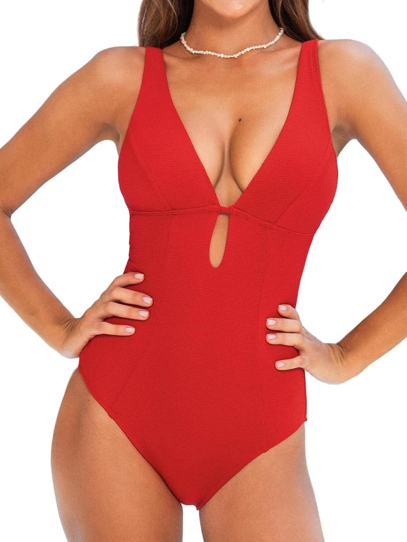 CUPSHE Women's One Piece Swimsuit Deep V Neck Keyhole Cutout O Ring Textured Bathing Suit (Medium)