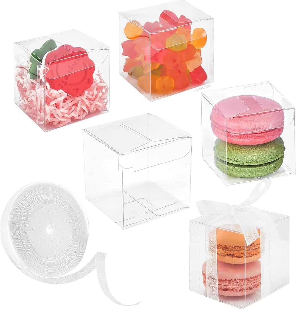 100 Pack 2x2x2 Inches Clear Favor Boxes with Ribbons, Mini Transparent Cube Treat Boxes for Candy & Chocolate Bomb, Plastic Individual Macaron Packaging, Box for 2