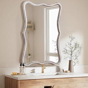 ULIKE White Wavy Mirror for Bathroom, 24"x36" Rustic Farmhouse Wood Mirror for Wall Decor, Modern Decorative Vanity Mirrors for Bedroom Living Room Entryway