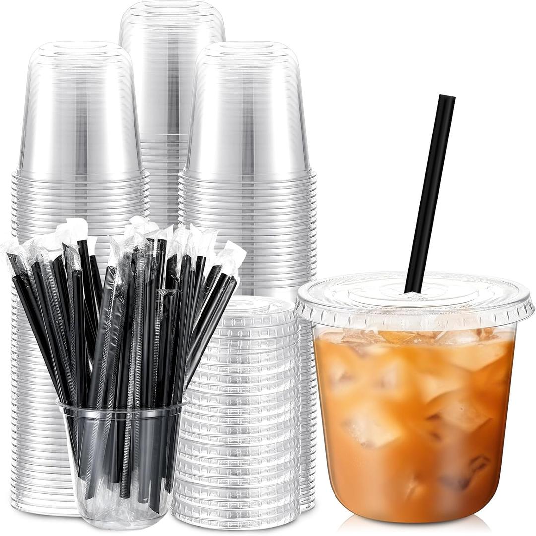 Ziliny 100 Set Clear Plastic Cups with Lids and Straws, Disposable Iced Coffee PET Cups for Drinking Cold Beverage Juice Parfait Smoothie Milkshake Coffee Shops Party Supplies (10 oz)