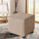 Ottoman Cover Square Velvet Storage Ottoman Slipcovers Thick Stretch Footrest Foot Stool Covers Protector with Elastic Band(Small-Camel)