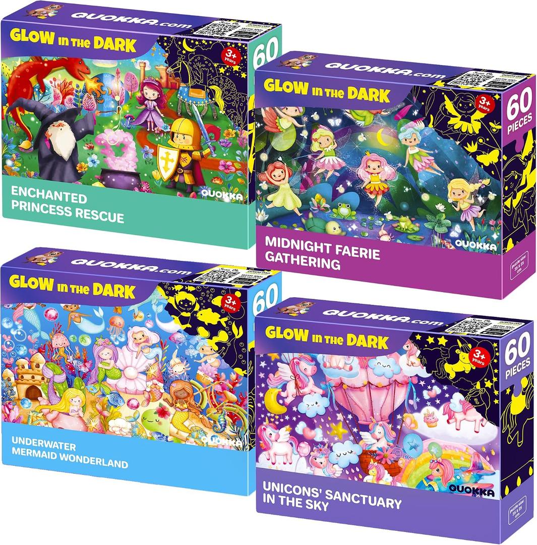 QUOKKA 4x60 Piece Puzzles for Kids Ages 4-6 Glow-in-The-Dark Puzzles for Kids 4-8 I Unicorns, Mermaids, Fairy Tale I Fun Educational Toddler Puzzle for Boys and Girls Educational Game Toys Gift
