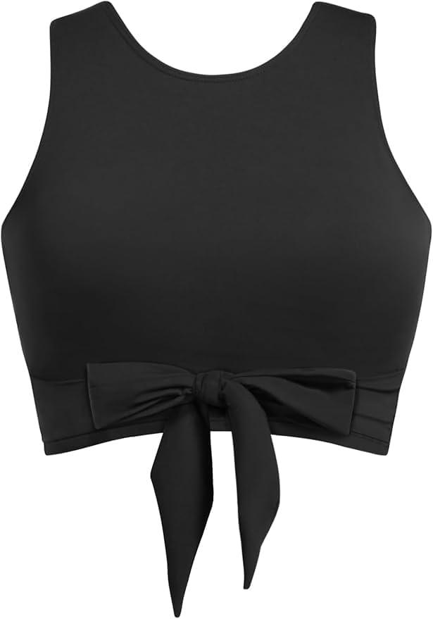 Crop Top Swim Bathing Suit - Women Bikini Swimsuit Top High Neck Bra Tie Knot Top Only, Small