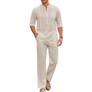 COOFANDY Men's 2 Piece Cotton Sets Casual Long Sleeve Cuban Henley Shirt and Loose Pants Set Beach Vacation Outfits (Large, Beige)
