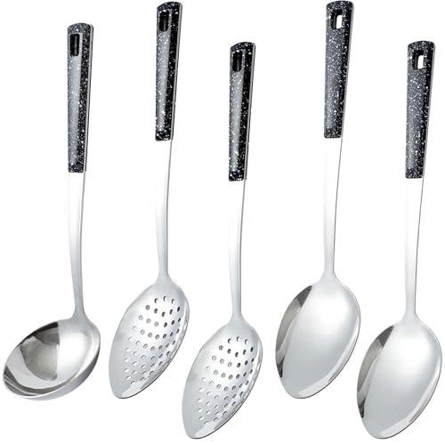 5-Piece Stainless Steel Serving Spoon Set, Large Serving Spoons with Ladle & Slotted Spoon, Metal Serving Spoons for Cooking, Buffet, Soup, Rice, Commercial & Home Kitchen