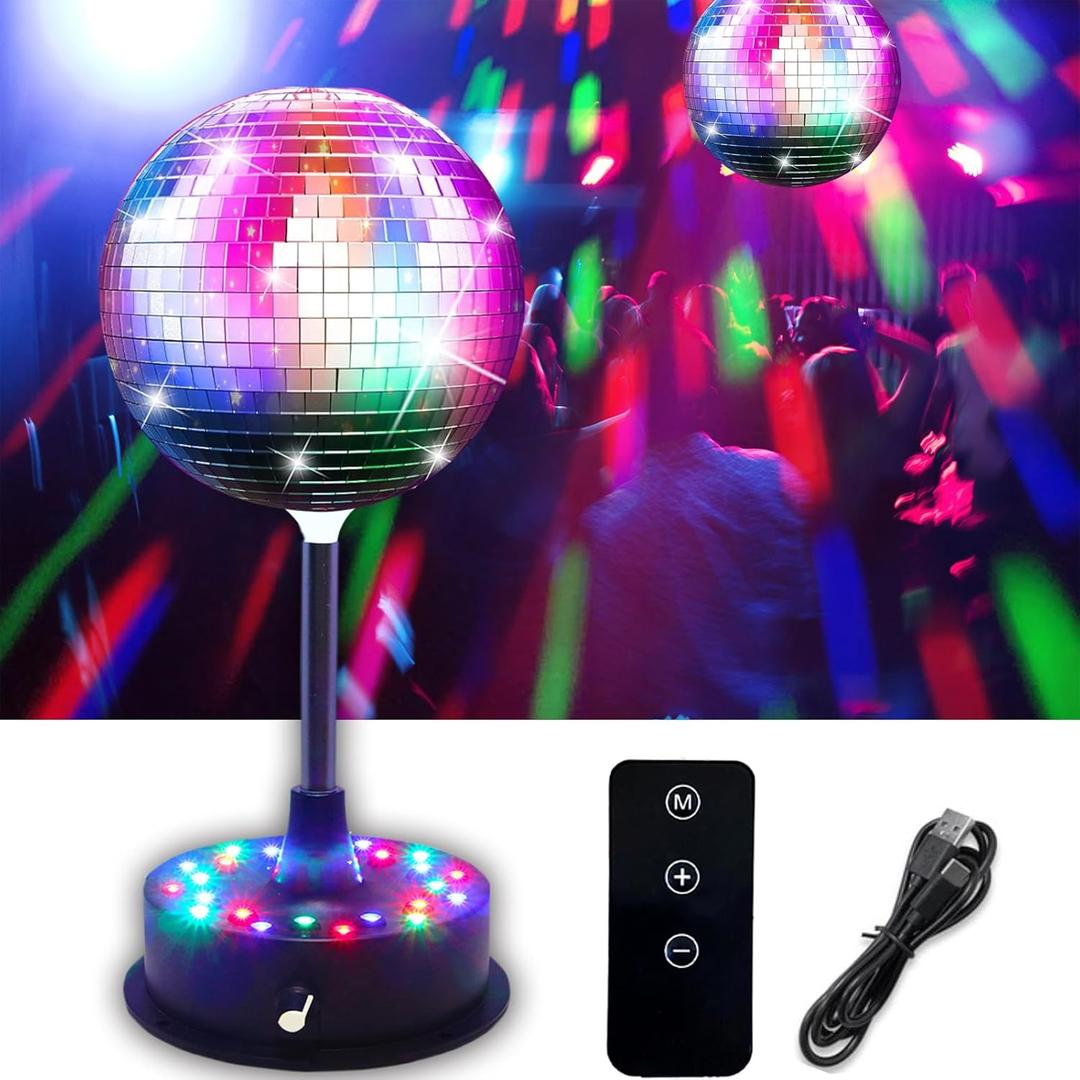 6'' Mirror Disco Ball with 24 LEDs Remote Control 5--9 RPM Adjustable Rotating Motor Base Disco Lamps Ceiling Decor For Show Party Dancing Hall Club Ktv Nightclubs BarsIncludes Remote Controler)