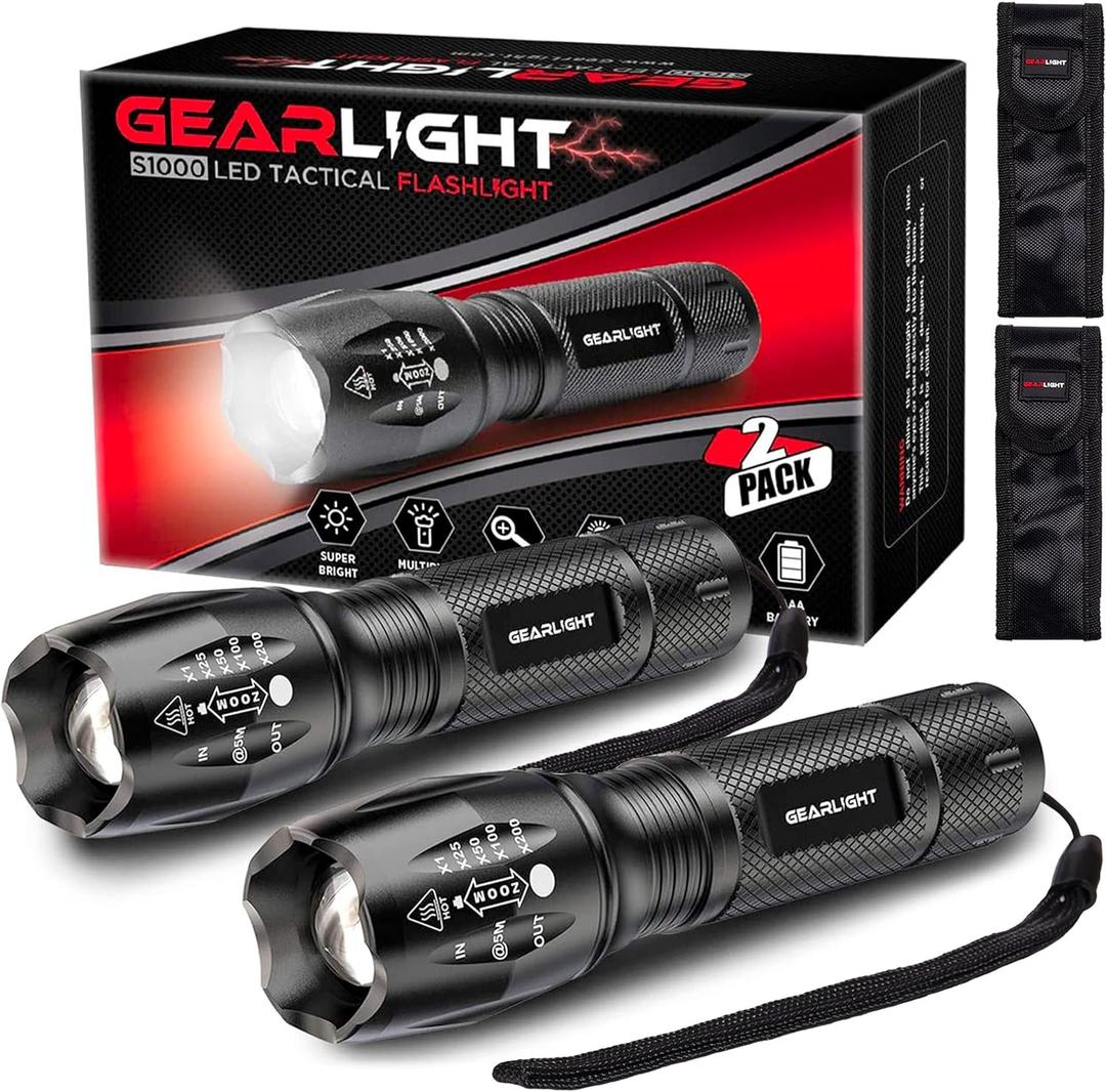 GearLight LED Flashlights - Mini Camping Flashlights with High Lumens, 5 Modes, Zoomable Beam - Powerful, Bright, and Versatile Tactical Flash Light for Outdoor and Home Use (2 Pack, (Batteries Not Included), S1000)
