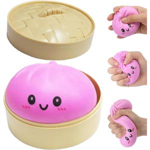 Dumpling Squishy, Glitter Dumpling Mystery Box, Colorful Dumplings Stress Balls Fidget Sensory , Stocking Stuffers with Food Steamer Stretchy Desk (Pink)