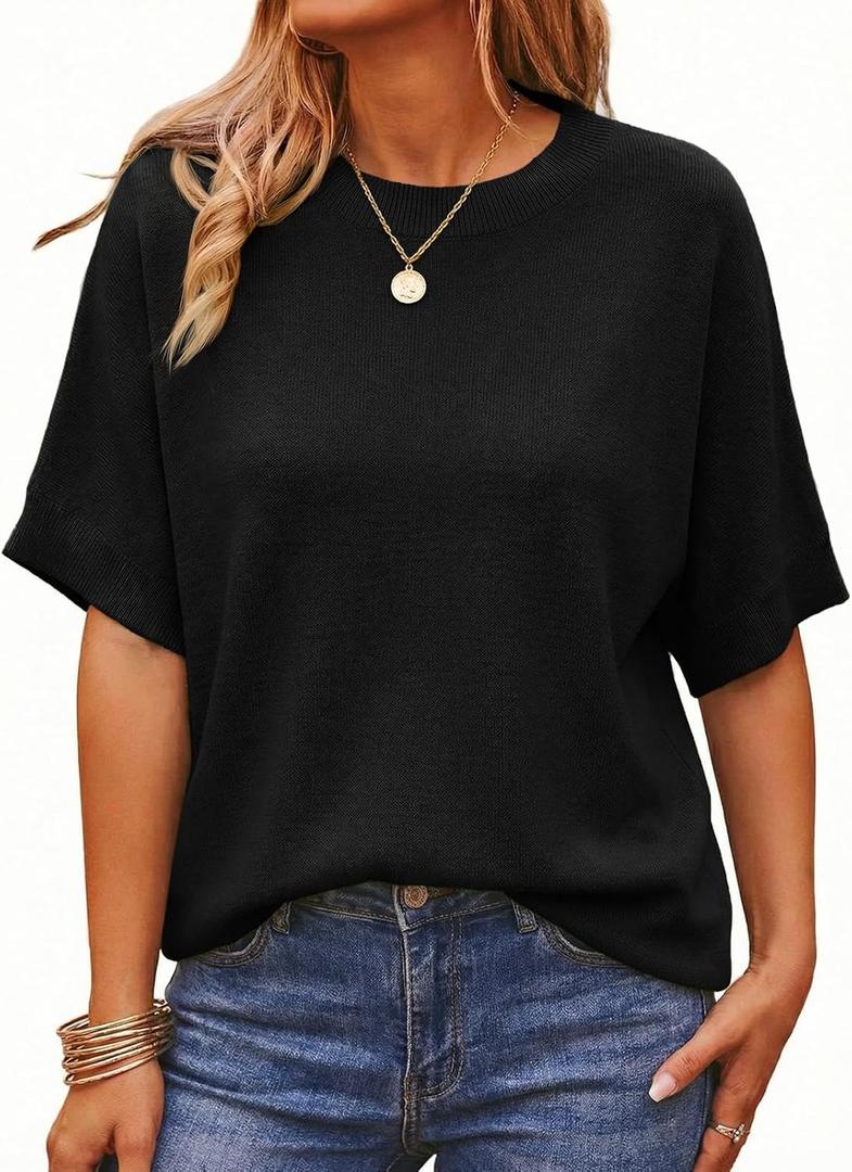 Saodimallsu Womens Short Batwing Sleeve Sweaters Oversized Crew Neck Casual Basic Knit Pullover Tops Shirt (Black, S)
