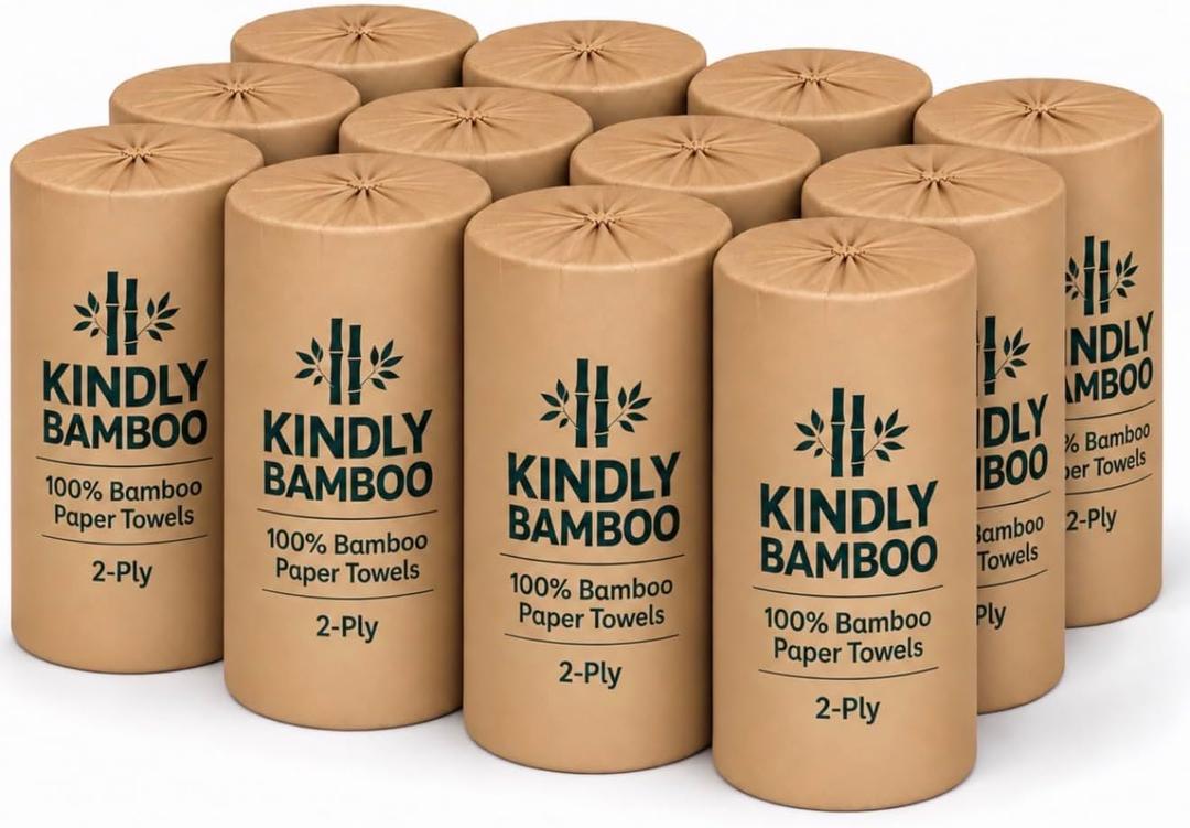 Premium 100% White Bamboo Paper Towels, Large Size Sheets, 12 Rolls
