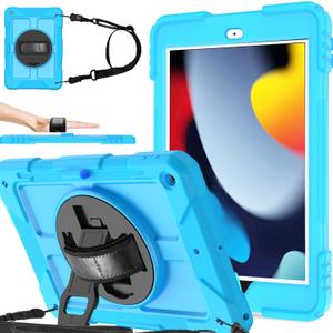 BMOUO Case for iPad 9th/8th/7th Generation 10.2", Shockproof 360 Rotating Stand Shoulder Hand Strap for iPad 9th/8th/7th Gen Case with Pencil Holder for iPad 10.2 inch 2021/2020/2019 - Blue Black