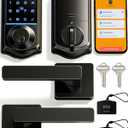 Veise VE017-B Fingerprint Smart Lock for Front Door, App Control, 8-in-1 Keyless Entry Deadbolt with 2 Zinc Alloy Lever Handles Set, Emergency Power Port, Auto Lock, Electronic Keypad, Black