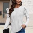 Women Eyelet Tops Casual Ruffle Long Sleeve Shirts Crew Neck Lace Embroidered Blouses Fall Outfits 2025 (White, L)