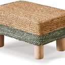 Wimarsbon Natural Seagrass Footstool Ottoman Rectangular Footrest Pouf Ottomans with Wooden Legs Hand Weave Step Stool for Living Room Bedroom Entryway Green
