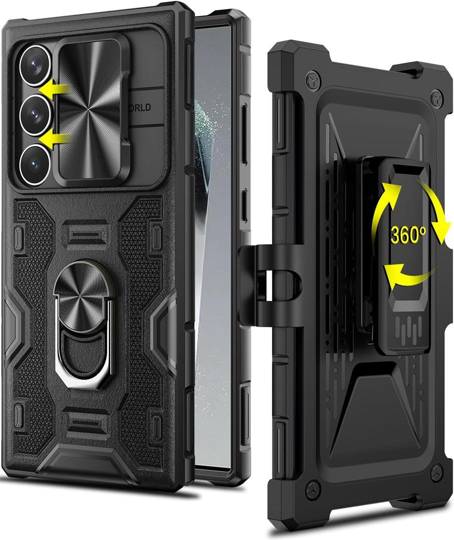 Caka for Samsung Galaxy S24 Ultra Case with Belt Clip Holster Slide Camera Cover Built-in 360 Rotate Ring Holder Stand Heavy Duty Shockproof Protective S24 Ultra Case 2024, Black