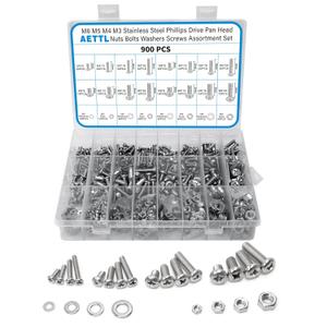 Nuts and Bolts Assortment Kit, AETTL 900 pcs Stainless Steel Metric Assorted M6 M5 M4 M3 Machine Screws Set Phillips Drive Pan Head with Flat Washers