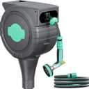 Retractable Garden Hose Reel 1/2" x 75 ft, Auto Garden Hose Reel on Metal Spike, Any Length Lock, Heavy Duty Wall & Ground Mounted Hose Reel with 6 Patterns Nozzle, Slow Return System 180/360 Swivel