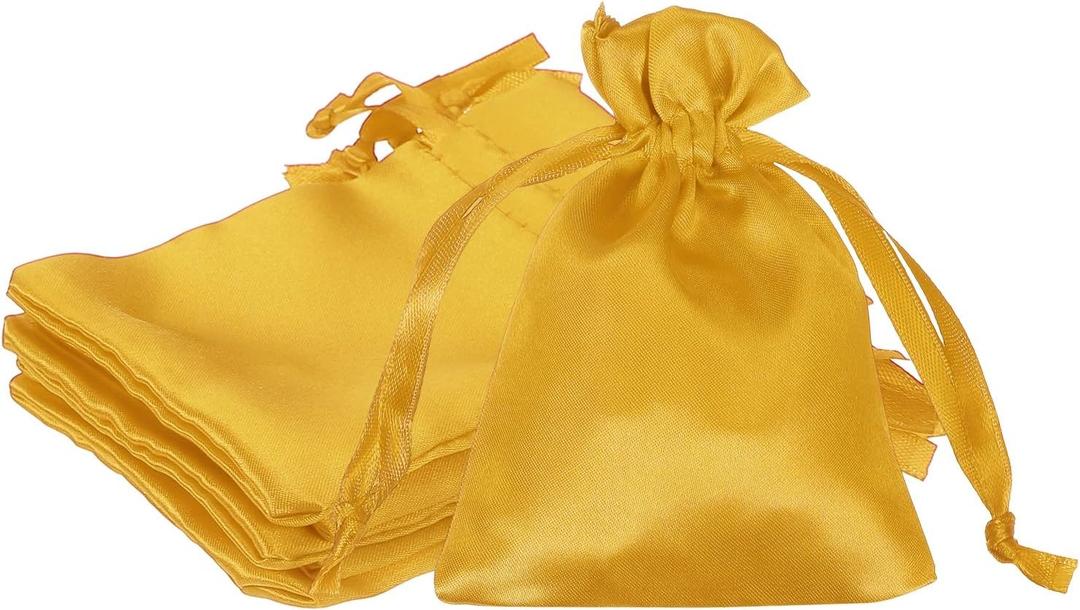 3 x 4 Inch Satin Bags with Drawstring, 6 Pcs Silk Drawstring Gift Bag Wedding Favor Pouch for Jewelry Candy Christmas Party Graduation Birthday Easter, Gold Tone